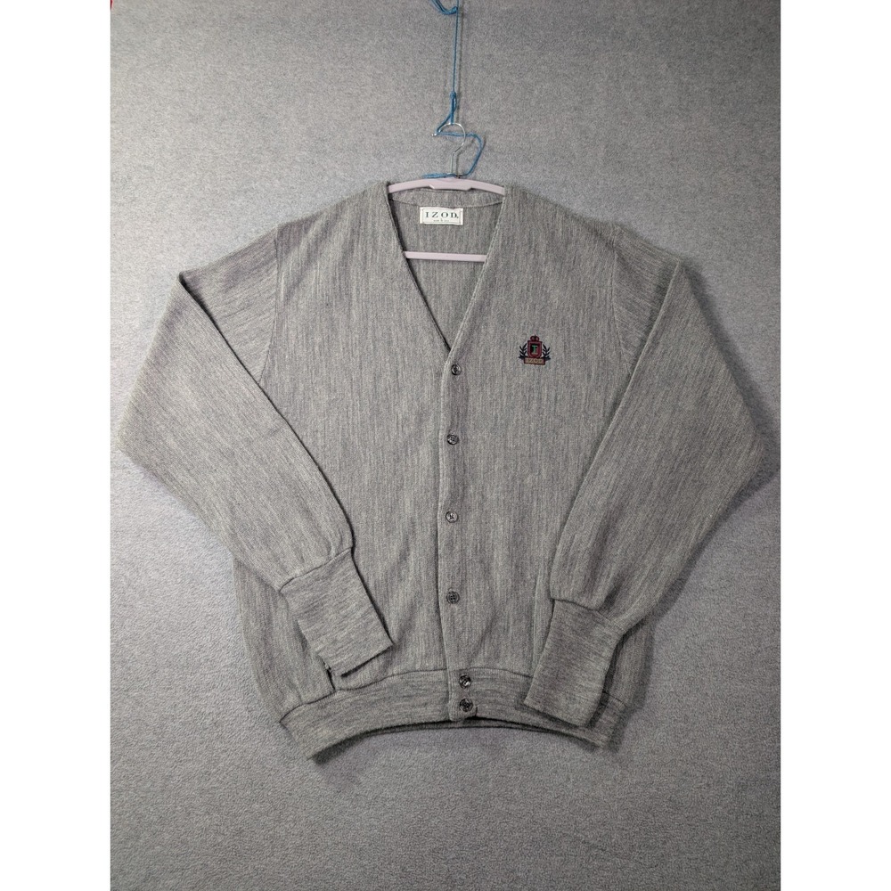 VTG 80s  IZOD Cardigan Sweater Men's Large Gray USA Made Prep‎ Grandpa Academia